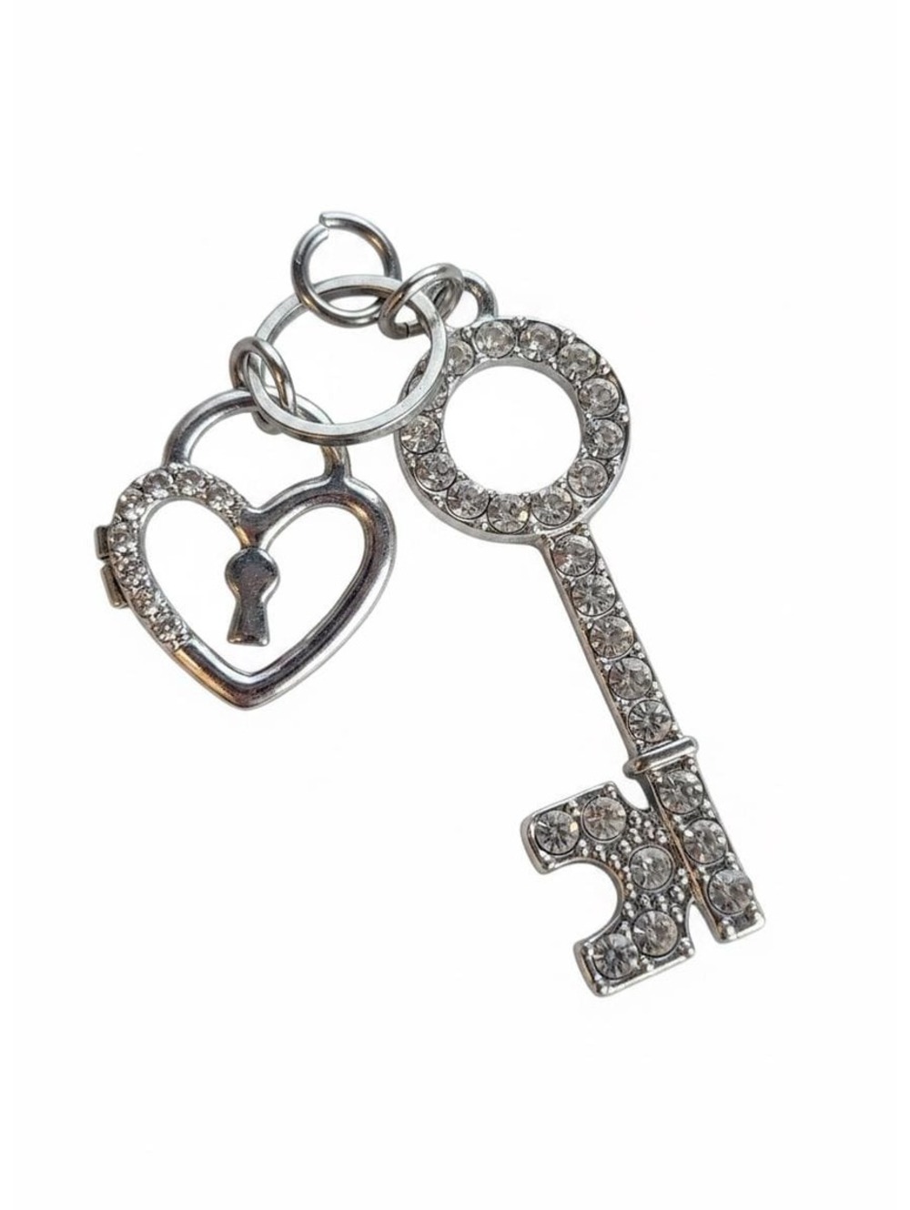 Vintage Rhinestone Skeleton Key Keychain, Crystal Heart Padlock Charm,